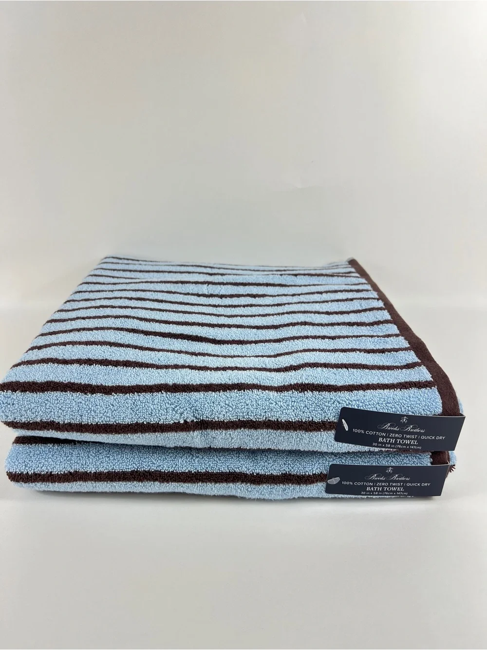 Brooks Brothers Bath Towel Set Blue Brown Stripe Soft Zero Twist Cotton 2 Pc NEW